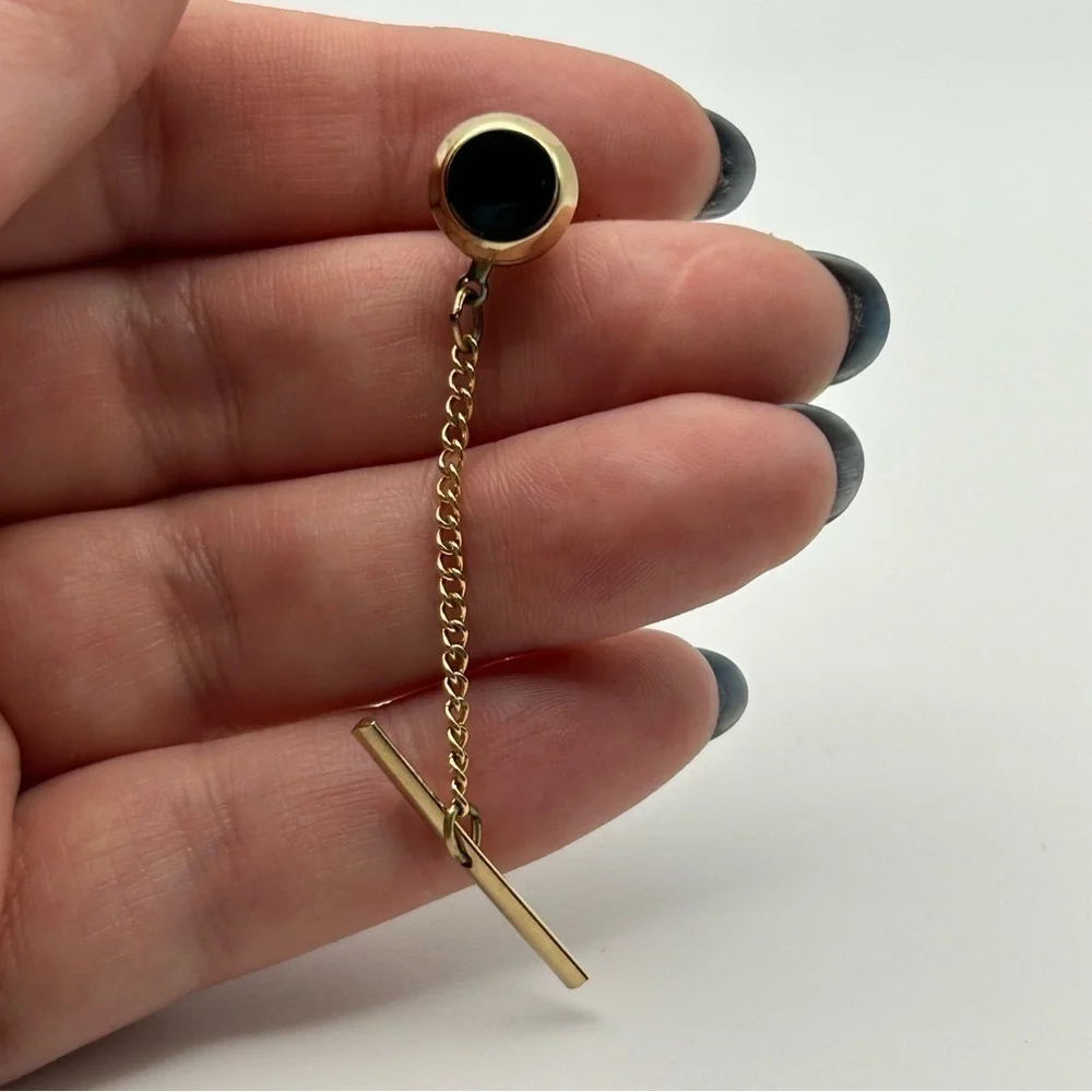 Men's Round Faux Black Stone Tie Tack with Gold Tone Chain Classic Elegant